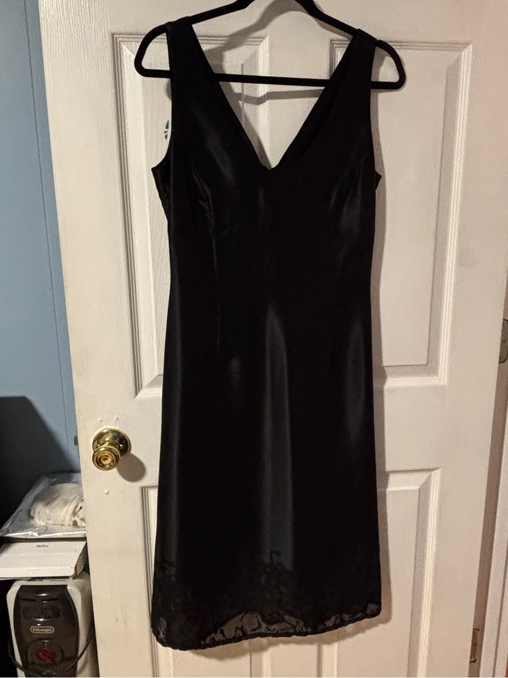 Sisley from Italy Black Satin Slip Dress with Subtle Shine and Lace Hem S